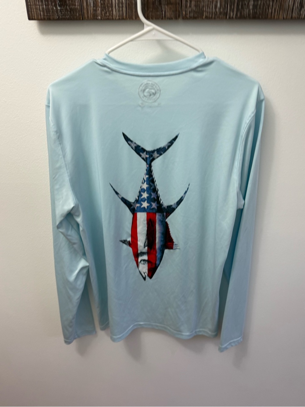 Light Blue Long-Sleeve Graphic Performance Shirt with American Flag Fish - Picture 5 of 5